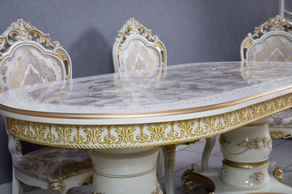 Комплект мебели для кухни стол Голд овальный слоновая кость в золоте и четыре стула Шейх белый в золоте, сиденье жаккард.