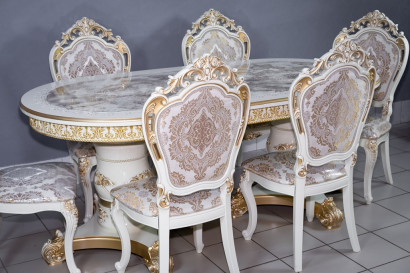 Комплект мебели для кухни стол Голд овальный слоновая кость в золоте и шесть стульев Шейх белый в золоте, сиденье жаккард.