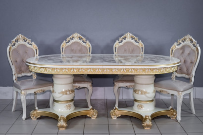 Комплект мебели для кухни стол Голд овальный слоновая кость в золоте и четыре стула Шейх белый в золоте, сиденье бежевый велюр с каретной стяжкой.