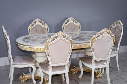 Комплект мебели для кухни стол Голд овальный слоновая кость в золоте и шесть стульев Шейх белый в золоте, сиденье бежевый велюр с каретной стяжкой.