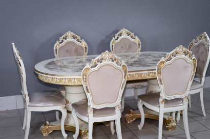 Комплект мебели для кухни стол Голд овальный слоновая кость в золоте и шесть стульев Шейх белый в золоте, сиденье бежевый велюр с каретной стяжкой.