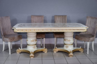  Комплект мебели для кухни стол Голд прямоугольный слоновая кость в золоте и четыре стула Сурен белый, сиденье бежевый велюр.