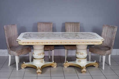  Комплект мебели для кухни стол Голд прямоугольный слоновая кость в золоте и четыре стула Сурен белый, сиденье бежевый велюр.