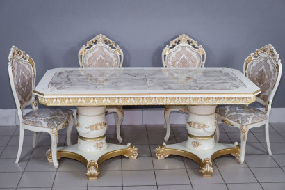 Комплект мебели для кухни стол Голд прямоугольный слоновая кость в золоте и четыре стула Шейх белый в золоте, сиденье жаккард.