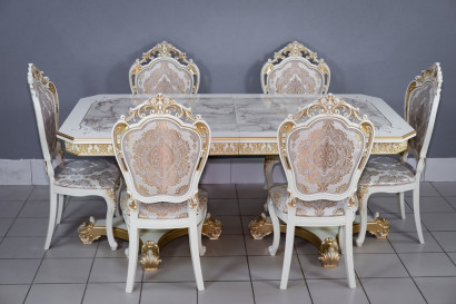 Комплект мебели для кухни стол Голд прямоугольный слоновая кость в золоте и шесть стульев Шейх белый в золоте, сиденье жаккард.