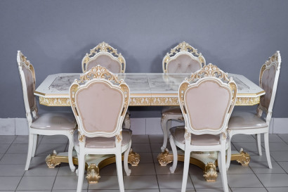 Комплект мебели для кухни стол Голд прямоугольный слоновая кость в золоте и шесть стульев Шейх белый в золоте, сиденье бежевый велюр с каретной стяжкой.