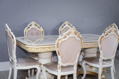 Комплект мебели для кухни стол Голд прямоугольный слоновая кость в золоте и шесть стульев Шейх белый в золоте, сиденье бежевый велюр с каретной стяжкой.