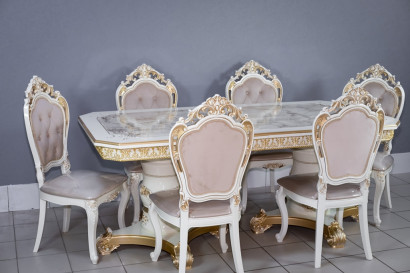 Комплект мебели для кухни стол Голд прямоугольный слоновая кость в золоте и шесть стульев Шейх белый в золоте, сиденье бежевый велюр с каретной стяжкой.