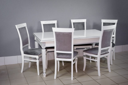 Комплект мебели для кухни стол Инфинити белый и шесть стульев Эдем белых с серебром