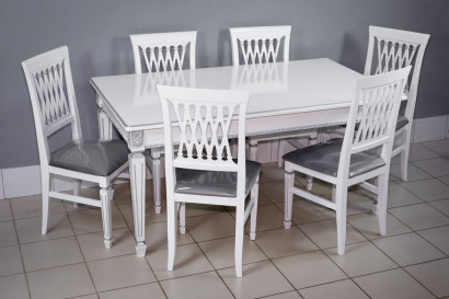 Комплект мебели для кухни стол Инфинити белый и шесть стульев Инфинити белых с серебром