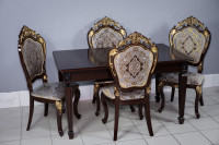 Комплект мебели для кухни стол Инфинити венге с темной патиной и четыре стула Шейх венге с золотом, сиденье жаккард.