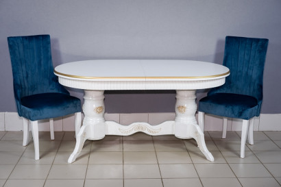 Комплект мебели для кухни стол Лапка белый в золоте и два стула Сурен синий, сиденье синий велюр.