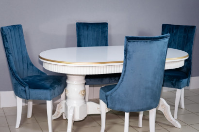 Комплект мебели для кухни стол Лапка белый в золоте и четыре стула Сурен синий, сиденье синий велюр.