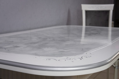 Комплект мебели для кухни стол Венеция белый серебро и два стула Эдем белые, сиденье велюр серый