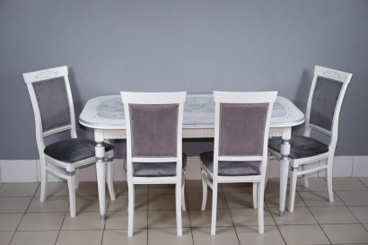 Комплект мебели для кухни стол Венеция белый серебро и четыре стула Эдем белые, сиденье велюр серый