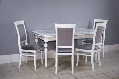 Комплект мебели для кухни стол Венеция белый серебро и четыре стула Эдем белые, сиденье велюр серый