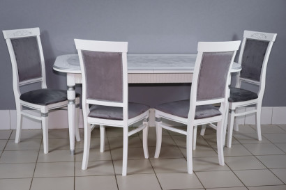 Комплект мебели для кухни стол Венеция белый серебро и четыре стула Эдем белые, сиденье велюр серый