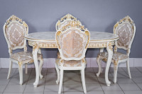 Комплект мебели для кухни стол Роза слоновая кость с золотой патиной и четыре стула Шейх слоновая кость с золотом, сиденье жаккард