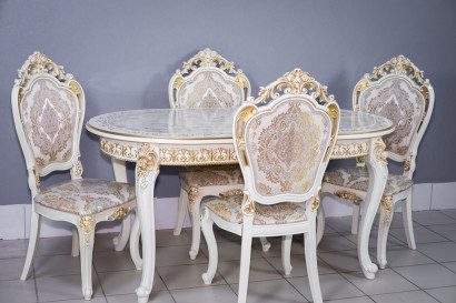 Комплект мебели для кухни стол Роза слоновая кость с золотой патиной и четыре стула Шейх слоновая кость с золотом, сиденье жаккард