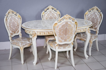 Комплект мебели для кухни стол Роза слоновая кость с золотой патиной и четыре стула Шейх слоновая кость с золотом, сиденье жаккард
