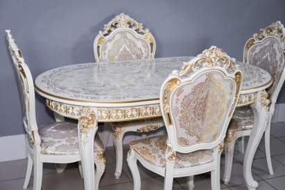 Комплект мебели для кухни стол Роза слоновая кость с золотой патиной и четыре стула Шейх слоновая кость с золотом, сиденье жаккард