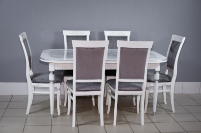 Комплект мебели для кухни стол Венеция белый серебро и шесть стульев Эдем белых, сиденье велюр серый