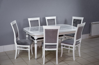 Комплект мебели для кухни стол Венеция белый серебро и шесть стульев Эдем белых, сиденье велюр серый