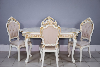 Комплект мебели для кухни стол Роза белый с золотой патиной и четыре стула Шейх белые с золотом, сиденье бежевый велюр с каретной стяжкой