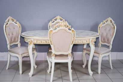 Комплект мебели для кухни стол Роза белый с золотой патиной и четыре стула Шейх белые с золотом, сиденье бежевый велюр с каретной стяжкой