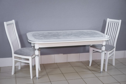Комплект мебели для кухни стол Венеция белый серебро и два стула Вегас белые, сиденье велюр серый