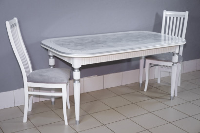 Комплект мебели для кухни стол Венеция белый серебро и два стула Вегас белые, сиденье велюр серый