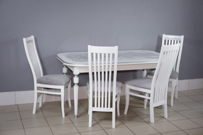 Комплект мебели для кухни стол Венеция белый серебро и четыре стула Вегас белые, сиденье велюр серый
