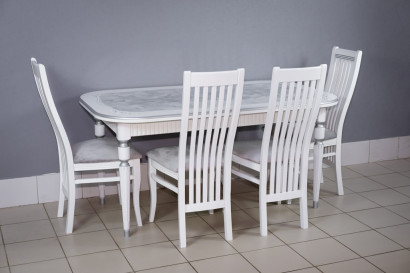 Комплект мебели для кухни стол Венеция белый серебро и четыре стула Вегас белые, сиденье велюр серый