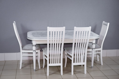 Комплект мебели для кухни стол Венеция белый серебро и четыре стула Вегас белые, сиденье велюр серый