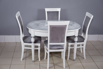 Комплект мебели для кухни стол Париж белый с серой патиной и четыре стула Эдем белый. Сиденье велюр серый.