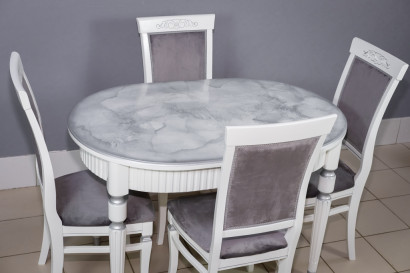 Комплект мебели для кухни стол Париж белый с серой патиной и четыре стула Эдем белый. Сиденье велюр серый.