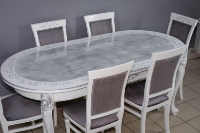 Комплект мебели для кухни стол Роза белый мрамор и четыре стула Эдем белые, сиденье велюр серый