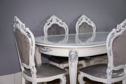 Комплект мебели для кухни стол Роза белый мрамор и шесть стульев Шейх белые, сиденье велюр серый