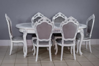 Комплект мебели для кухни стол Роза белый мрамор и шесть стульев Шейх белые, сиденье велюр серый