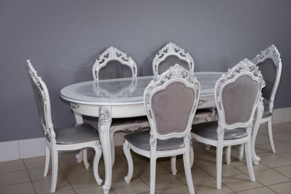Комплект мебели для кухни стол Роза белый мрамор и шесть стульев Шейх белые, сиденье велюр серый