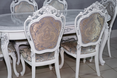  Комплект мебели для кухни стол Роза белый мрамор и шесть стульев Шейх белые, сиденье жаккард серый