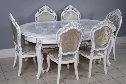  Комплект мебели для кухни стол Роза белый мрамор и шесть стульев Шейх белые, сиденье жаккард серый