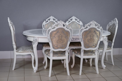  Комплект мебели для кухни стол Роза белый мрамор и шесть стульев Шейх белые, сиденье жаккард серый
