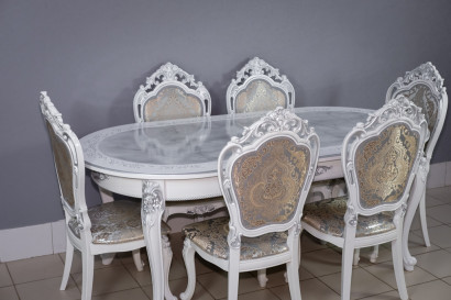  Комплект мебели для кухни стол Роза белый мрамор и шесть стульев Шейх белые, сиденье жаккард серый