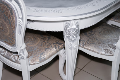  Комплект мебели для кухни стол Роза белый мрамор и шесть стульев Шейх белые, сиденье жаккард серый