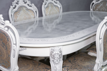  Комплект мебели для кухни стол Роза белый мрамор и шесть стульев Шейх белые, сиденье жаккард серый