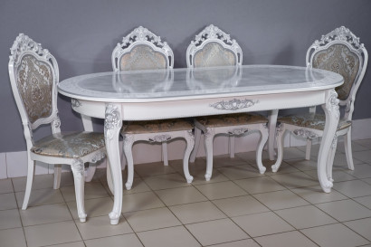 Комплект мебели для кухни стол Роза белый мрамор и четыре стула Шейх белые, сиденье жаккард серый