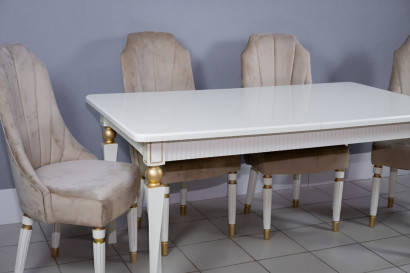 Комплект мебели для кухни стол Милан белый с золотом и четыре стула Сурен белый с золотом, сиденье велюр бежевый