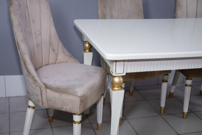 Комплект мебели для кухни стол Милан белый с золотом и четыре стула Сурен белый с золотом, сиденье велюр бежевый