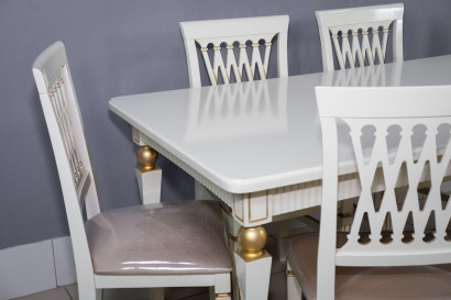 Комплект мебели для кухни стол Милан белый с золотом и шесть стульев Инфинити белый с золотом, сиденье велюр бежевый
